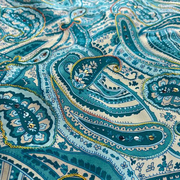 Vintage 90s Worthington Paisley Silk Midi Pencil Skirt Rainbow Embroidered Boho - Picture 3 of 6